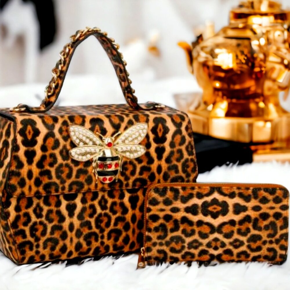 Deep Safari Dark Leopard Print Top Handle Satchel Wallet Handbag Set